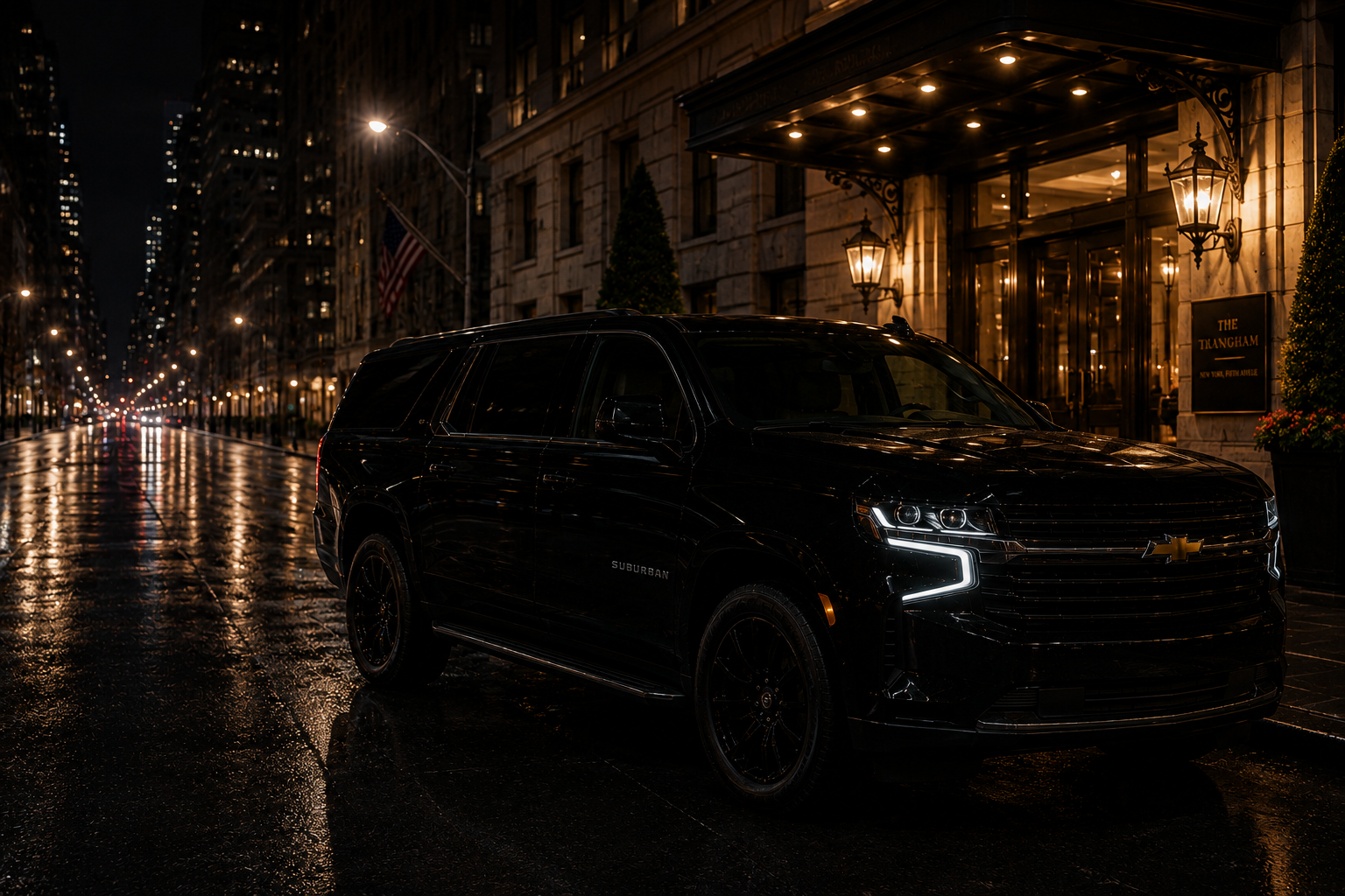 Black executive SUV outside a warm-lit Manhattan hotel at night